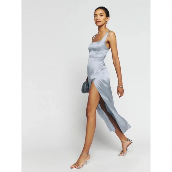 Reformation Dress Solay Silk Blue Slit Wedding Corset Maxi Mineral 0 NWT - Picture 8 of 10